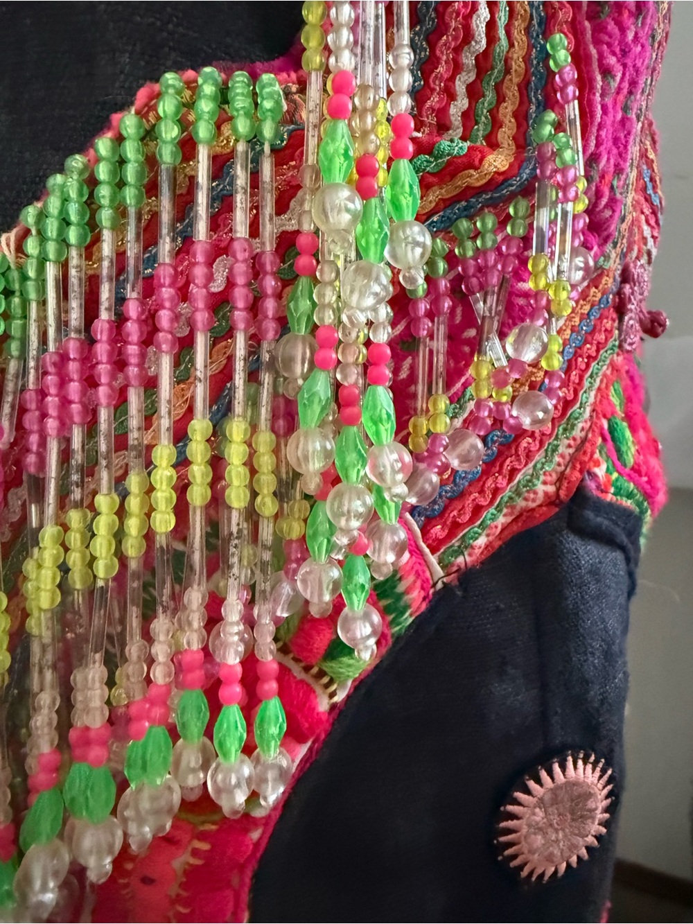Vintage Handmade Hmong Beaded Fringe Tote Bag Embroidered Boho Ethnic Large - Picture 6 of 8